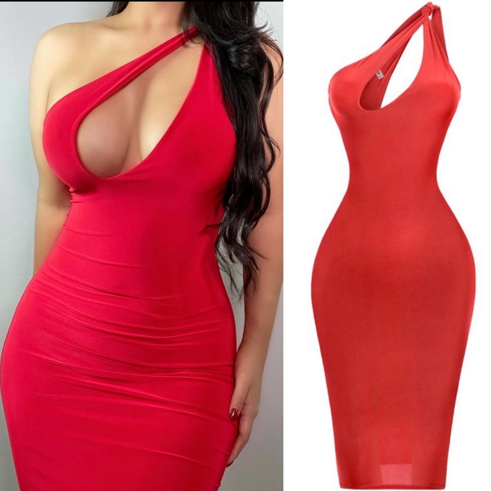 NEW Fashion One Shoulder High quality bodycon MIDI dress cute trendy club RED